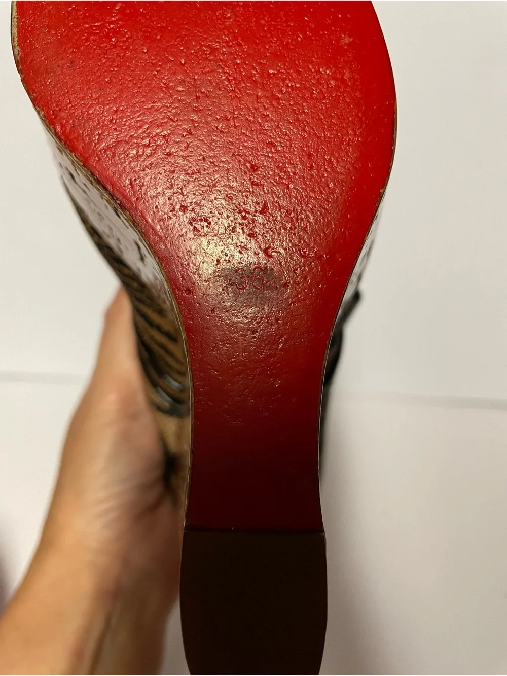 Christian Louboutin Black and Tan Zebra Cork Wedge Mary Jane Pumps 36